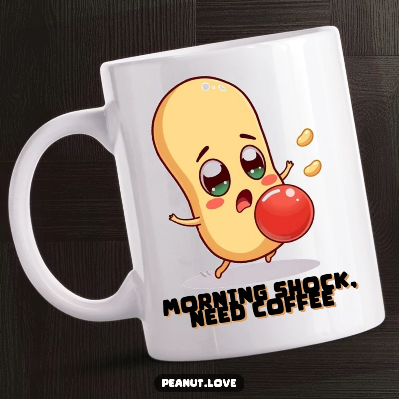 Funny surprised peanut mug with wide eyes, comically dodging a giant jelly bean, a humorous and relatable funny gift.
