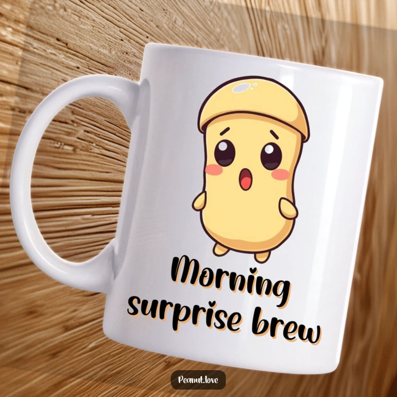 Funny ceramic mug featuring a Kawaii peanut character with wide, surprised eyes as its shell cracks open.