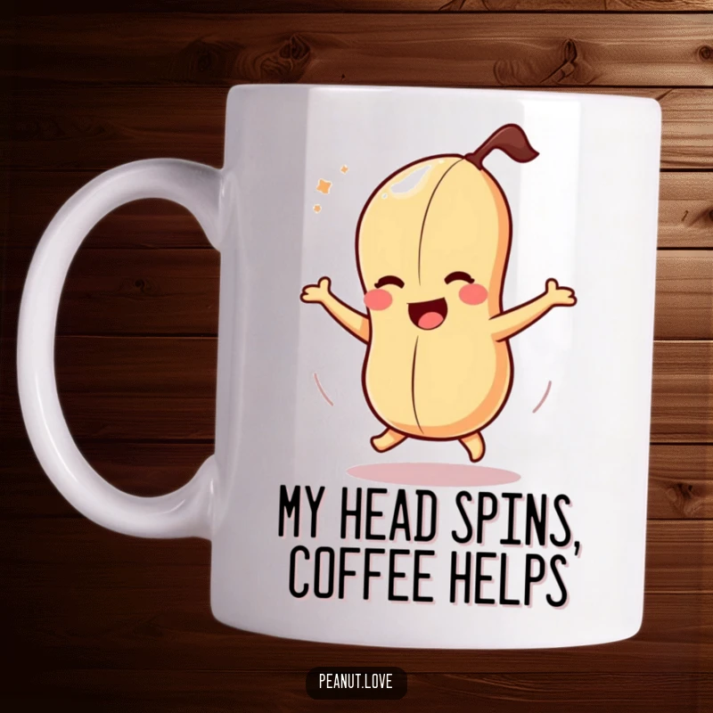 Funny mug featuring a dizzy peanut character spinning ecstatically, showcasing pure, joyful, and humorous abandon.