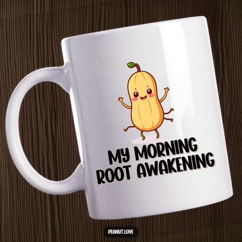 Funny Kawaii peanut mug featuring a cute character with root legs doing a silly dance, radiating pure joy and humor.
