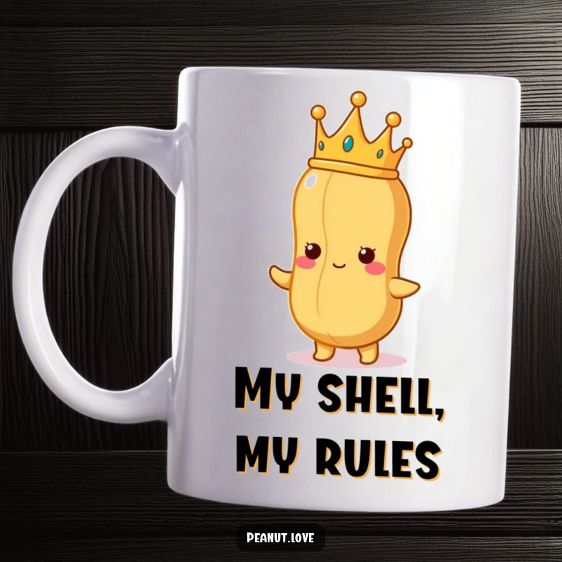 Funny Peanut King Mug: A proud peanut wearing a tiny crown, gazing at a perfect peanut shape, symbolizing nutty royalty and humor.