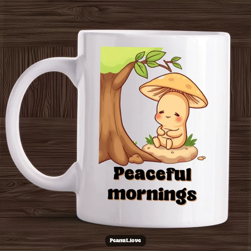 Funny mug depicting a content peanut character peacefully sitting under a whimsical mushroom, radiating calm.