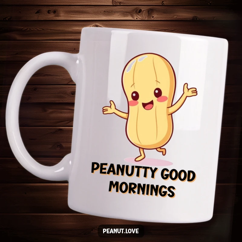 Funny Peanut Mug: A giggling peanut character happily dances with small arms, spreading nutty cheer.