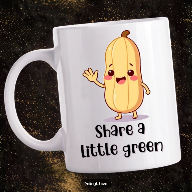 Funny Friendly Peanut Mug: A peanut character waving hello and offering a small leaf, symbolizing friendly greetings and nutty kindness.