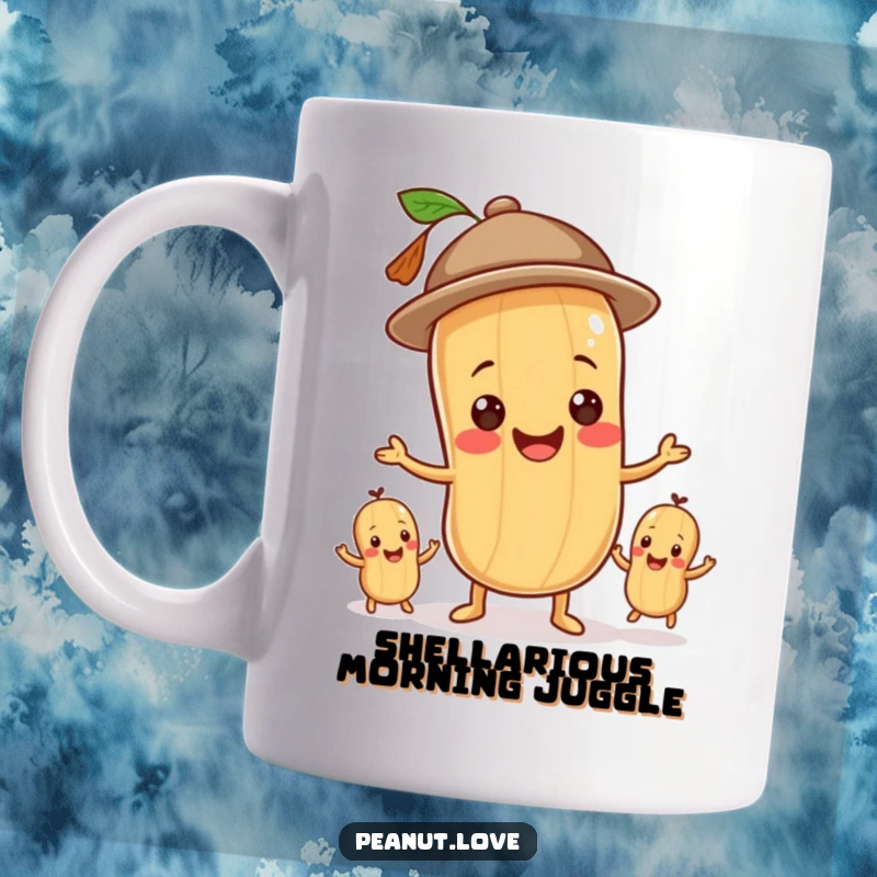 Funny mug showing a smiling peanut character in a tiny hat, expertly juggling three smaller peanuts with glee.