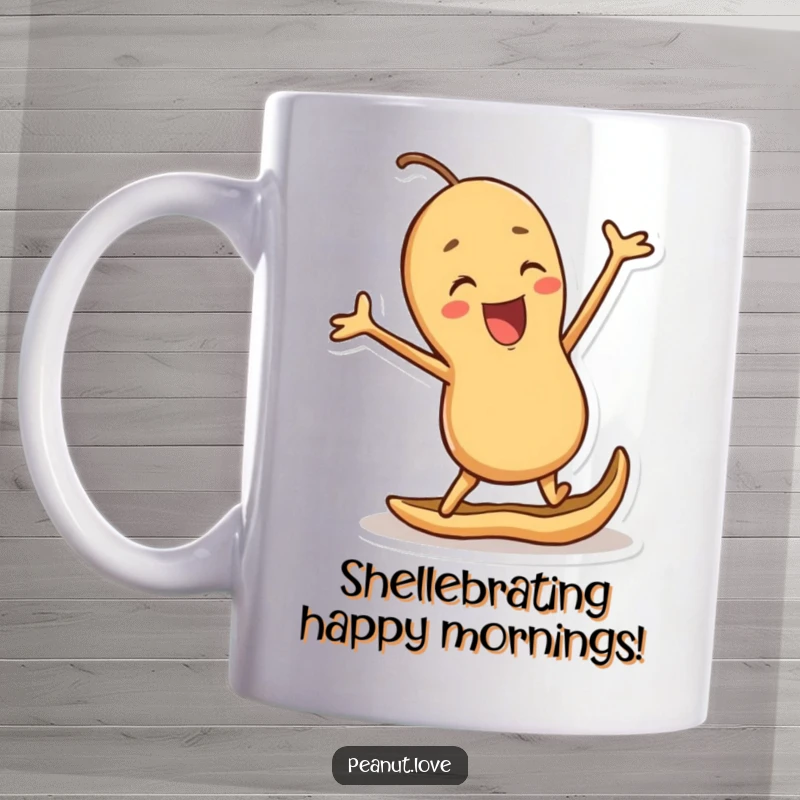 Funny mug featuring a joyful peanut character mid-jump, celebrating excitement within a cheerful shell, radiating nutty happiness.