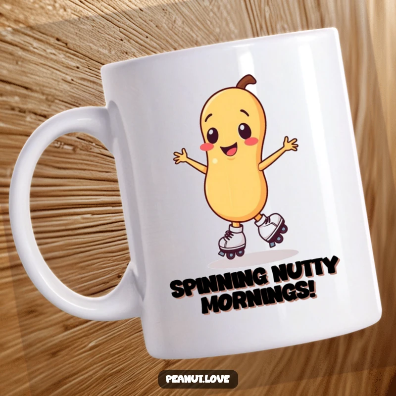 Funny smiling peanut character mug, happily spinning on tiny roller skates.
