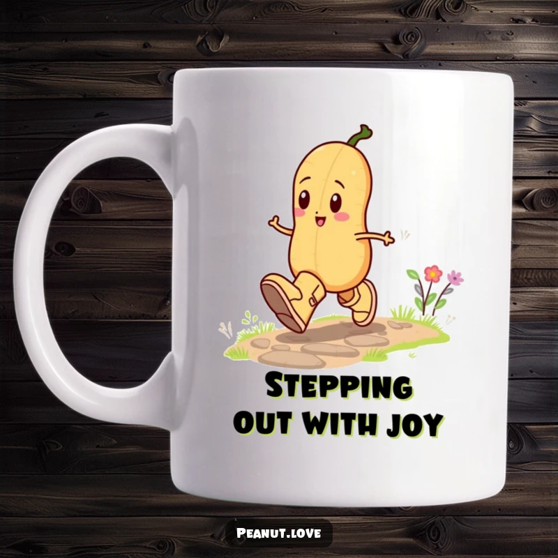 Funny mug showing a happy peanut character joyfully skipping down a path while wearing comically oversized boots, radiating pure delight.