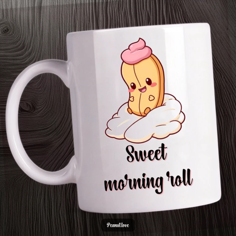 Funny Peanut Whipped Cream Mug: A peanut gleefully rolls down whipped cream. Sweet and funny cartoon gift.