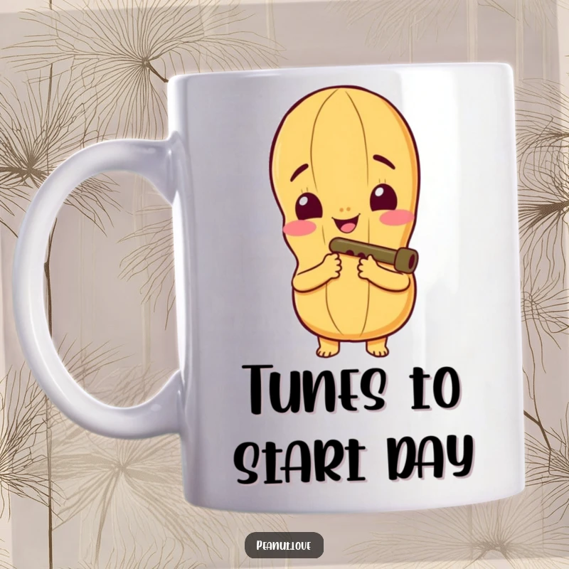 Funny Mug: Peanut Character with Wide Smile Playing a Tiny Kazoo, Evoking Joy and Musical Fun