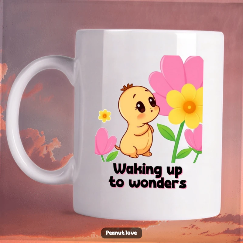 Funny Peanut Mug: A curious peanut character is engrossed in sniffing a vibrant, colorful flower with intense interest.