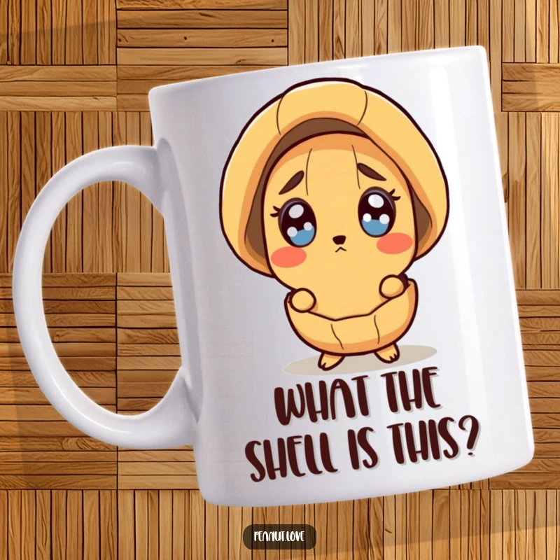 Funny mug depicting a surprised peanut character peeking out from its slightly ajar shell with wide, shocked eyes.