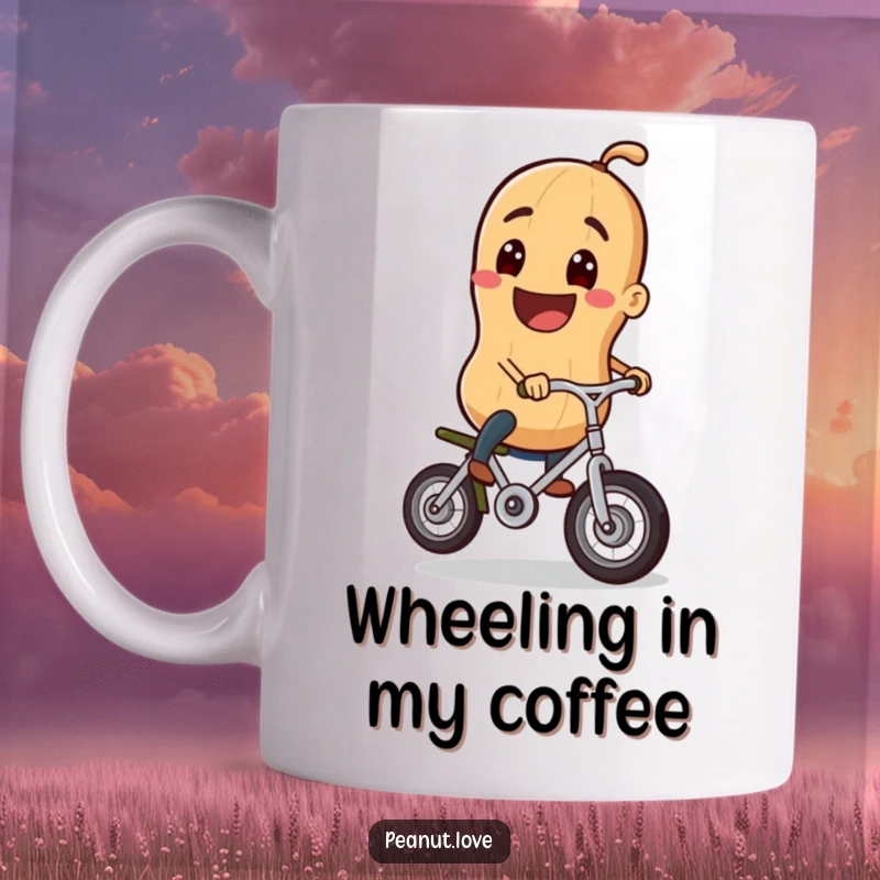 Funny mug showing a cheerful peanut character with a big grin skillfully riding a very small unicycle, radiating pure joy and balance.
