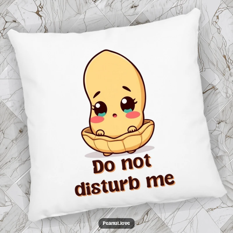 Funny peanut character peeking out from its shell with wide eyes, featured on a comfy pillow, surprise element.