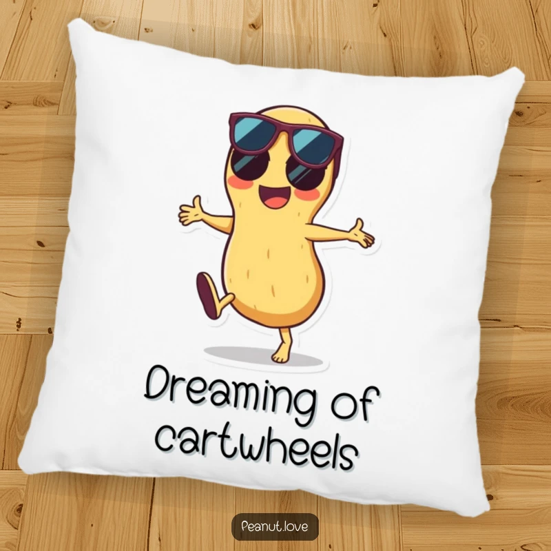 Funny pillow design featuring a happy peanut character performing a cartwheel while wearing cool sunglasses, offering comfort and a touch of humor.