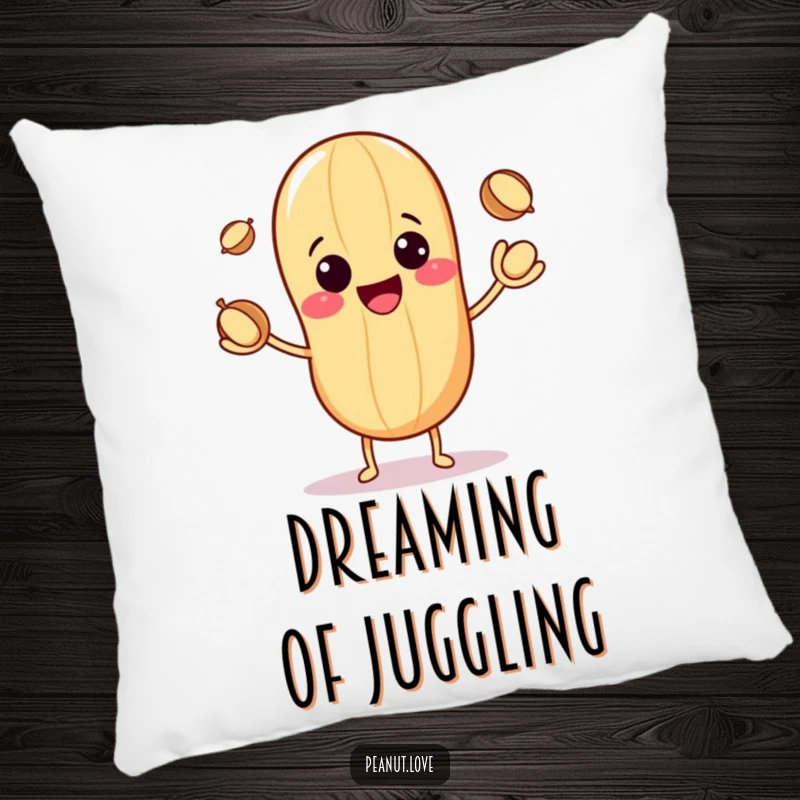 Funny pillow showcasing a cute kawaii peanut with a happy grin juggling three small nuts, designed for comfort and smiles.