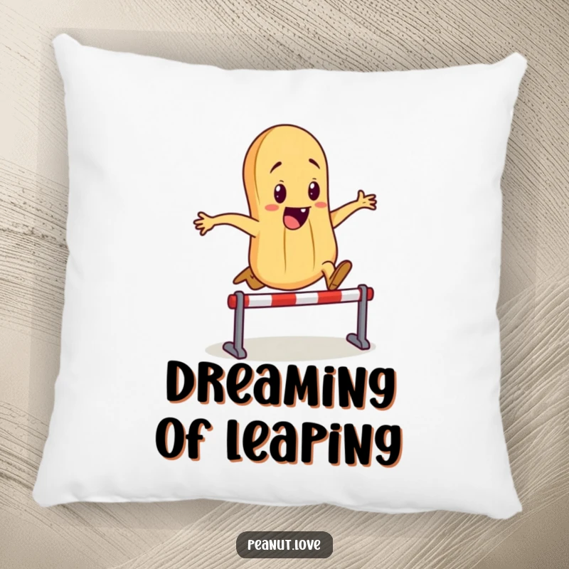 Funny pillow showcasing an energetic peanut character triumphantly leaping over a tiny hurdle, designed for comfort and laughter.