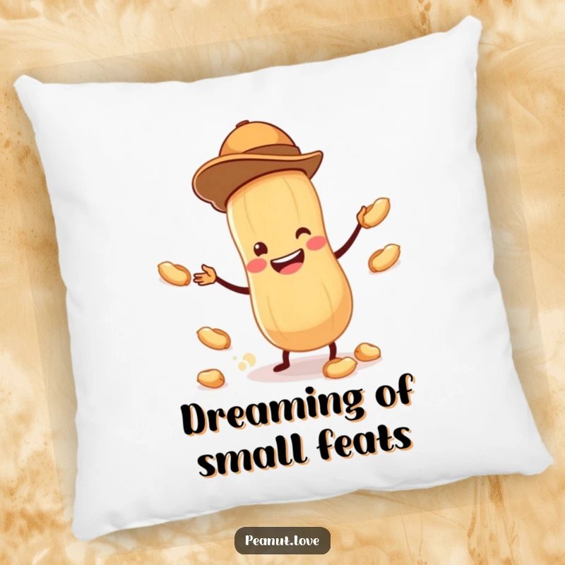 Funny pillow showing a tiny peanut in a jaunty hat, juggling smaller peanuts with a huge, happy grin, for humorous comfort.