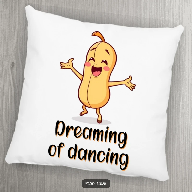 Funny peanut character in a silly dance pose with exaggerated arm waves, depicted on a soft and huggable pillow.