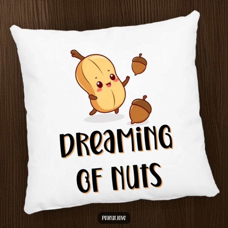 Funny pillow showcasing a determined kawaii peanut reaching up for a falling acorn, adding humor to any room.