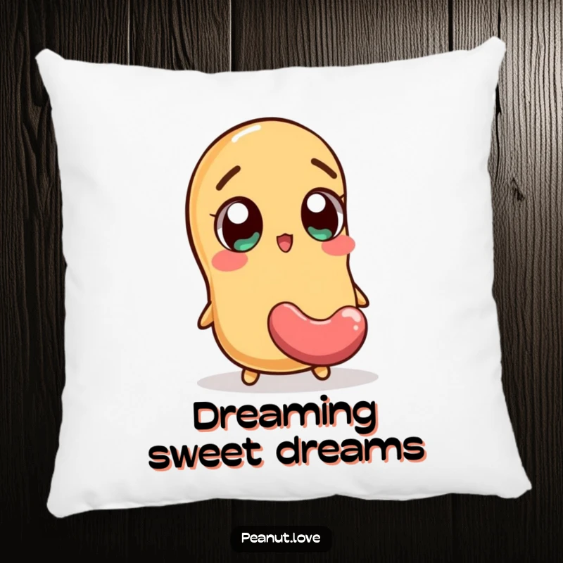 Funny pillow featuring an excited peanut character with wide eyes and a falling jellybean, a soft and humorous accent piece.