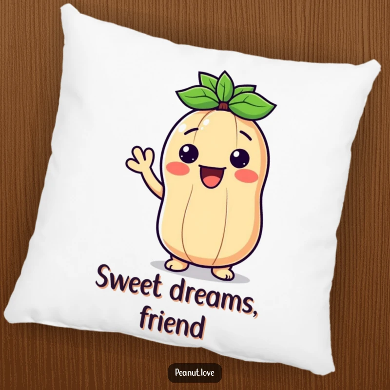 Funny decorative pillow featuring a smiling Kawaii peanut waving hello, offering comfort and cheerful humor.