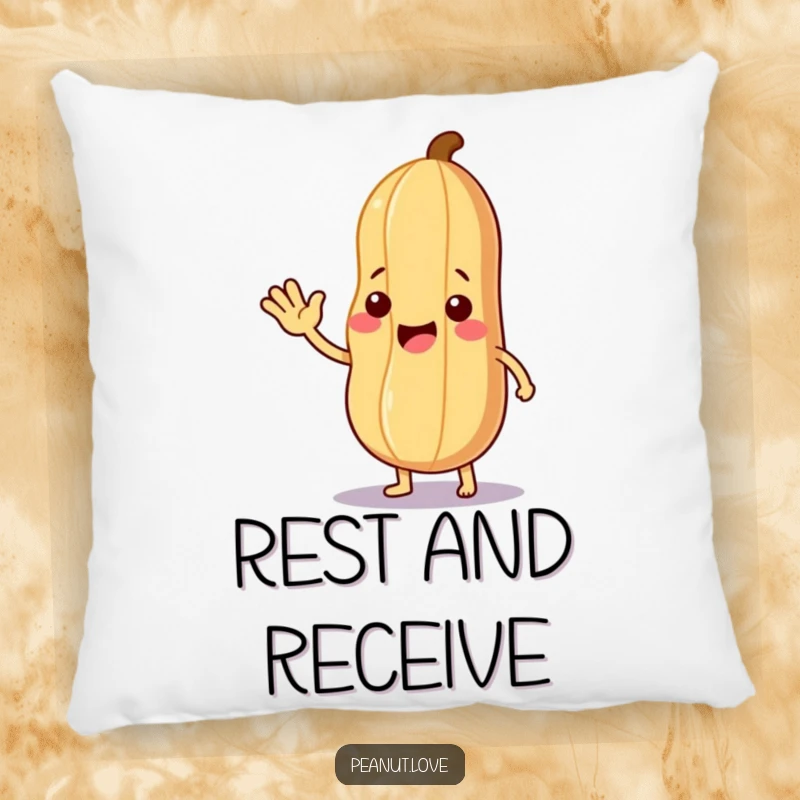 Funny Gentle Wave Pillow: A friendly peanut waving and offering a leaf, offering cozy, funny, and comforting vibes for any room.