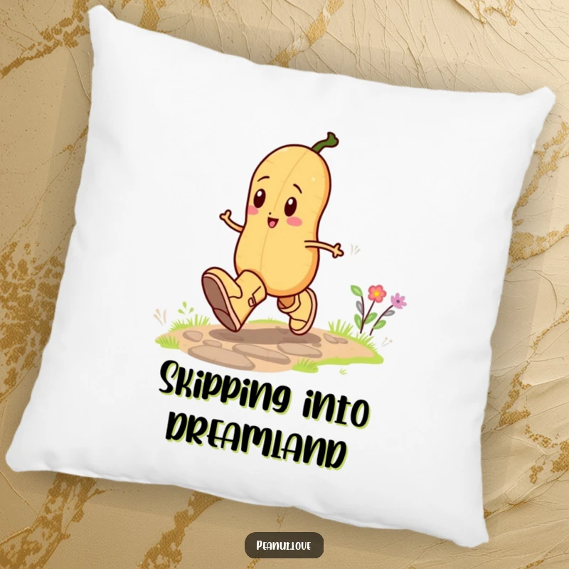Funny pillow featuring a happy peanut character skipping with enthusiasm in oversized boots, providing comfort and a touch of whimsical humor.