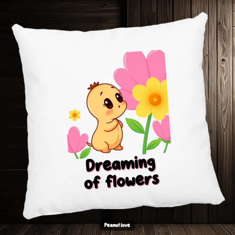 Funny Peanut Pillow: Soft, plush pillow featuring a curious peanut character gently sniffing a colorful flower.