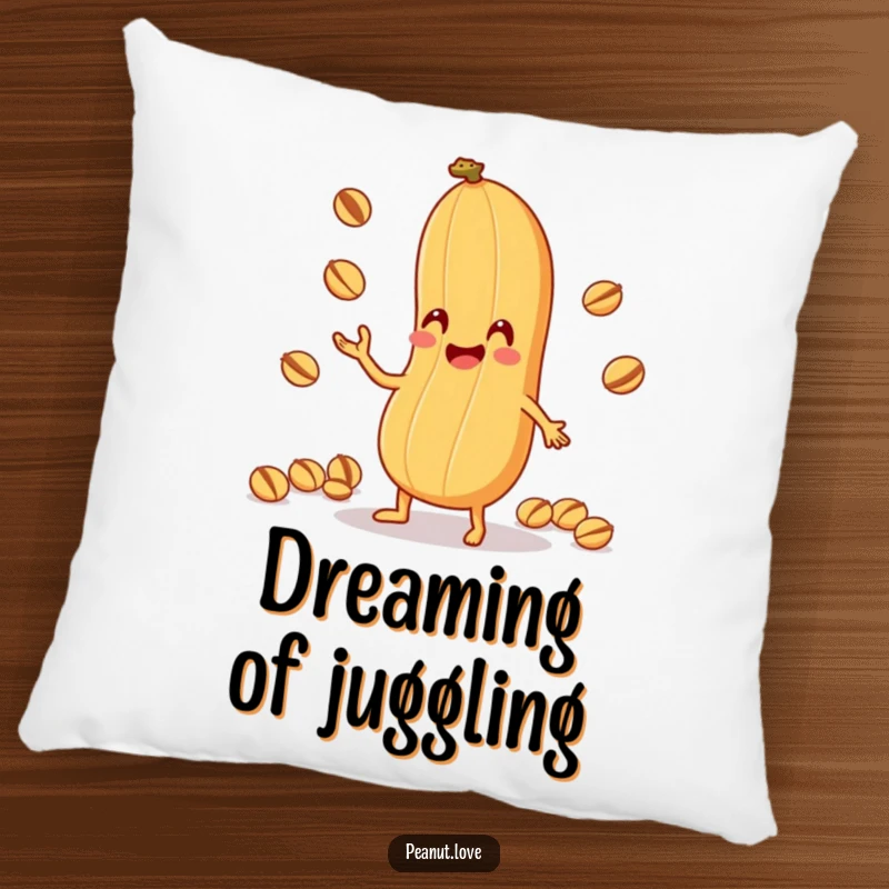 Funny Peanut Juggling Pillow: A plush pillow featuring an anthropomorphic peanut character comically juggling tiny nuts with its shell, perfect funny gift.