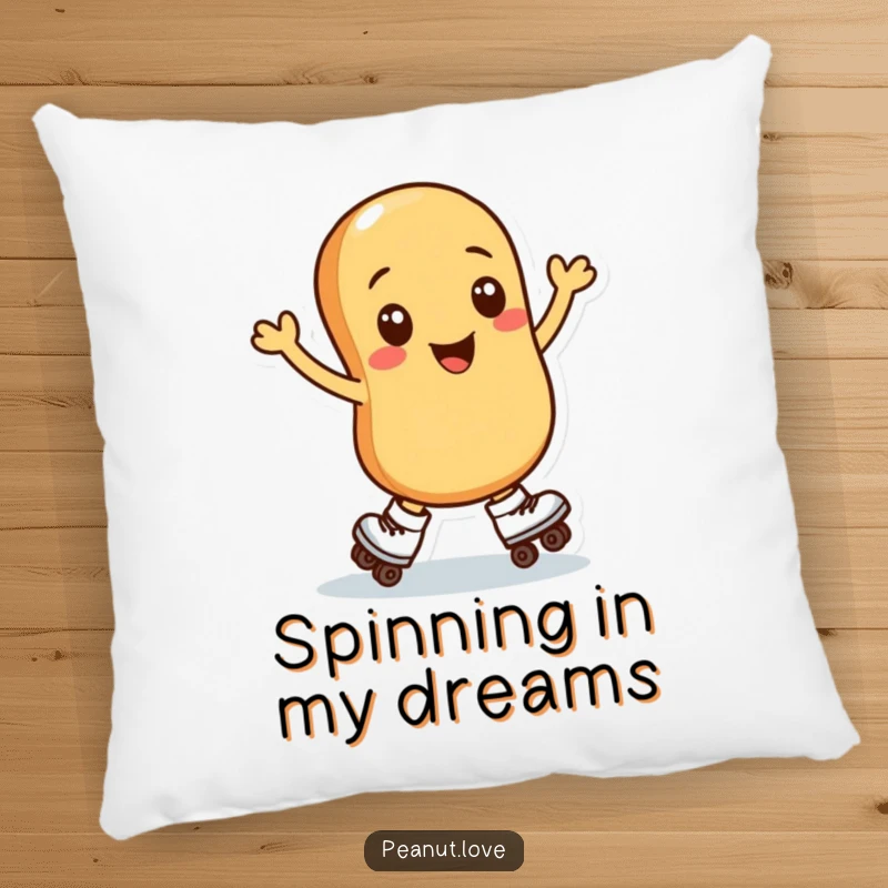 Funny pillow with a smiling peanut character doing a fun spin on roller skates, offering comfort and nutty humor.