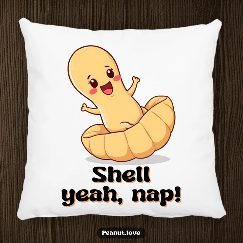Funny pillow accentuating a determined peanut joyfully rolling downhill within a large peanut shell, adding comfort and humor.