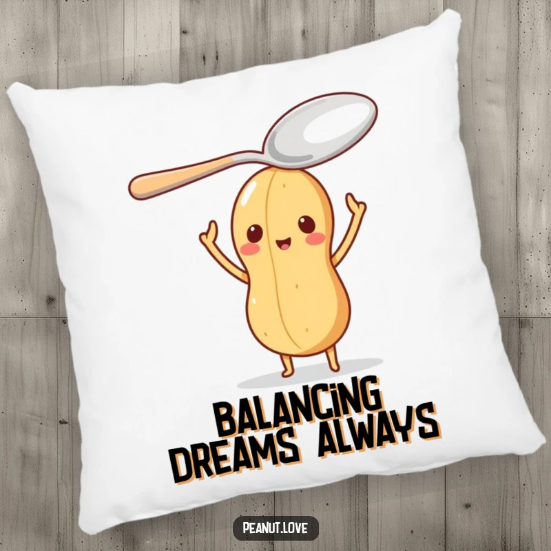 Funny pillow featuring a peanut character balancing an oversized spoon on its head, designed for comfort and humor.
