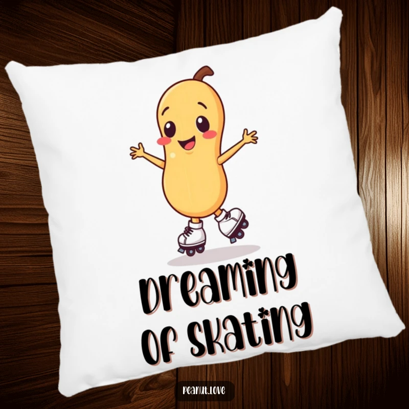 Funny smiling peanut character pillow design, spinning on roller skates.