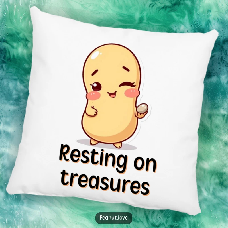 Funny Wink & Whisper Pillow: A winking peanut holding a shiny pebble, offering cozy, funny, and mysterious comfort for any room.