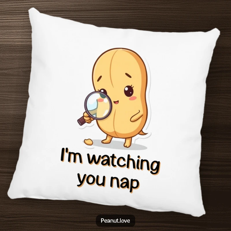 Funny Curious Peanut Pillow: A peanut with a magnifying glass inspects a crumb. Cozy detective comfort, funny gift.