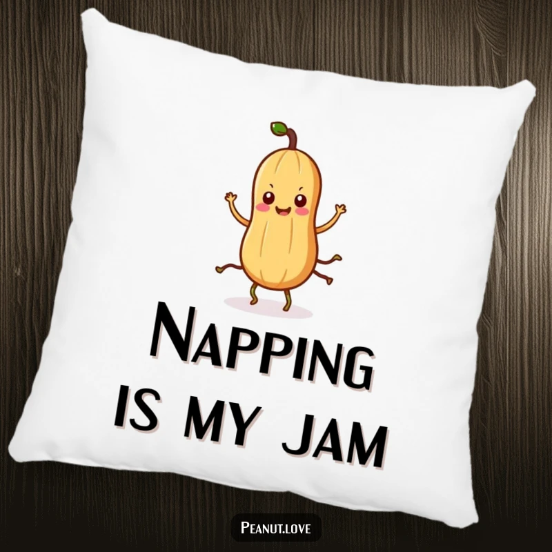 Funny Kawaii peanut pillow showing a cute character with root legs in a silly dance, perfect for cozy, humorous decor.