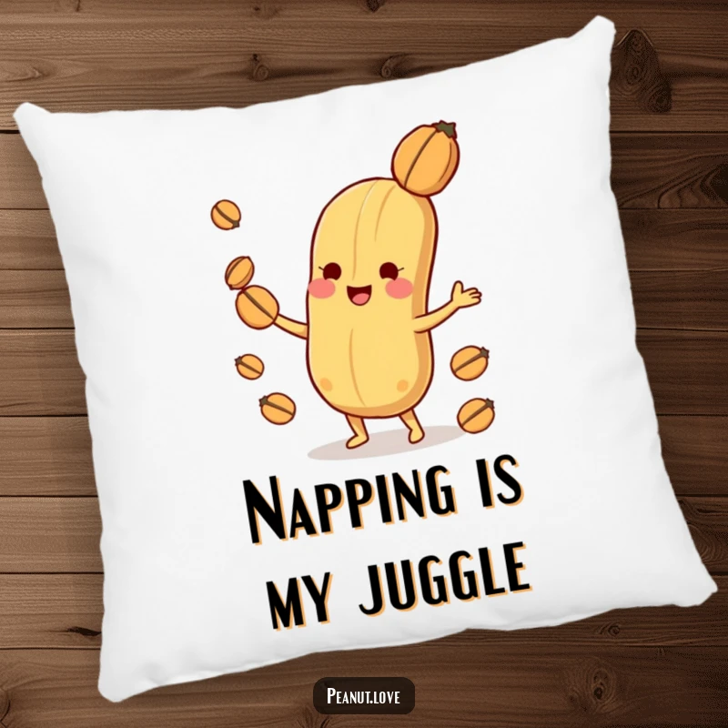 Funny playful peanut character pillow, showing joyful juggling of smaller nuts with impressive dexterity.