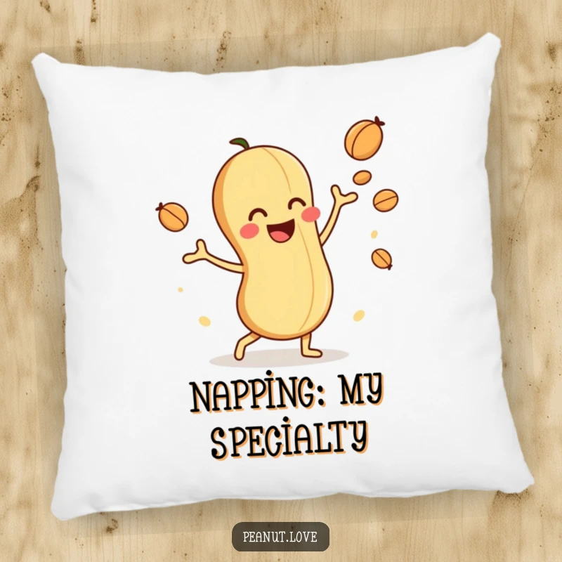 Funny pillow with a playful peanut character juggling nuts, offering nutty comfort and a visual gag.