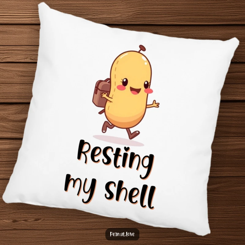 Funny anthropomorphic peanut character pillow featuring a happy peanut skipping with a small backpack, perfect for cozy relaxation.
