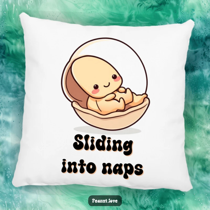 Funny pillow featuring a kawaii peanut character playfully sliding down a smooth shell, offering soft comfort and dynamic charm; perfect for gifting.