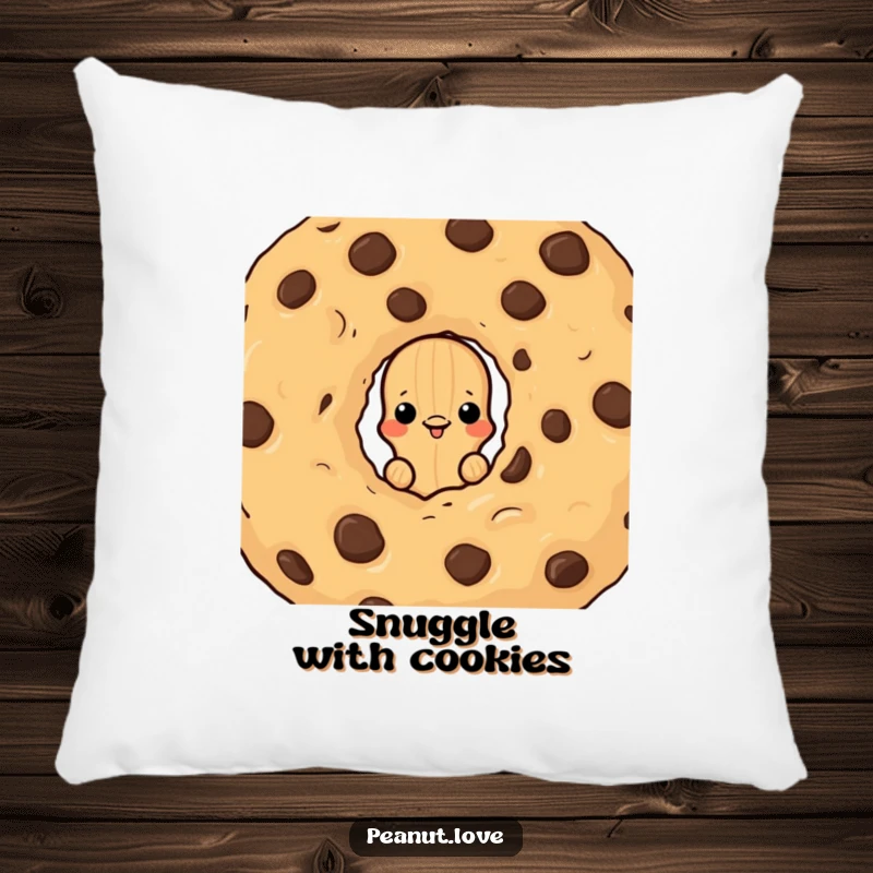 Funny pillow depicting a peanut character peeking from behind a chocolate chip cookie, a soft and humorous accent piece.