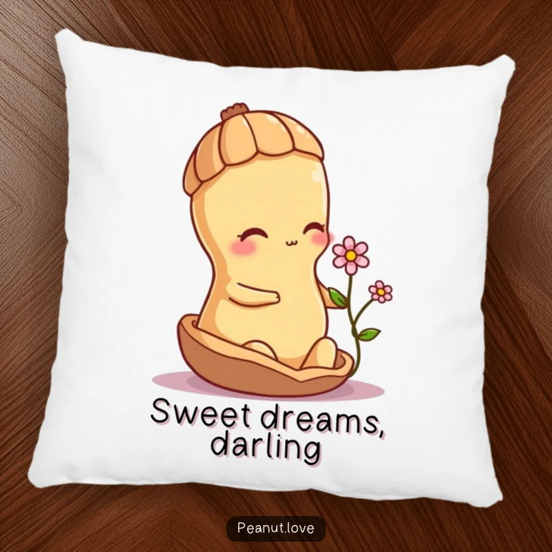Funny shy peanut character offering a small flower from its shell, depicted on a soft and comforting pillow.
