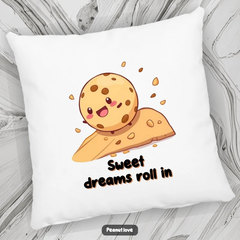 Funny cookie character joyfully rolling down a crumb-filled hill on a humorous pillow, great for comfort.