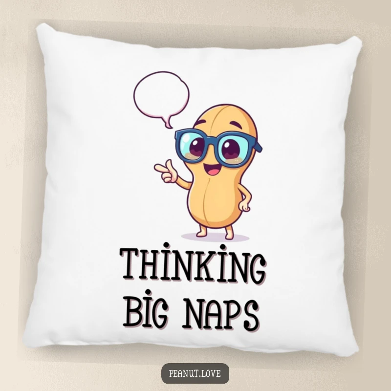 Funny pillow showing a peppy peanut in oversized glasses, pointing at a thought bubble, providing humorous comfort and decor.