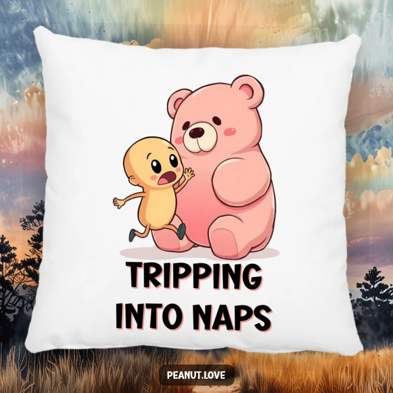 Funny pillow featuring a startled peanut character nearly tripping over a giant gummy bear, offering comfort and a dose of hilarious cartoon humor.