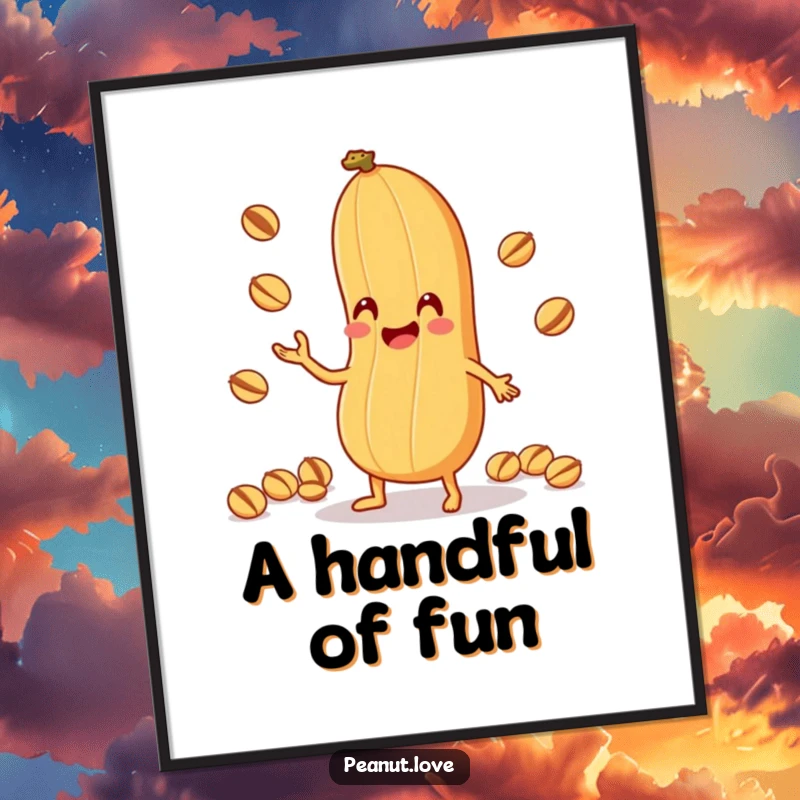 Funny Peanut Juggling Digital Art Print: High-resolution art of an anthropomorphic peanut character comically juggling tiny nuts with its shell, ideal funny gift.