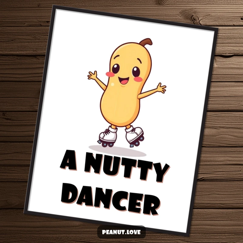 Funny smiling peanut character digital art print, spinning joyfully on roller skates.