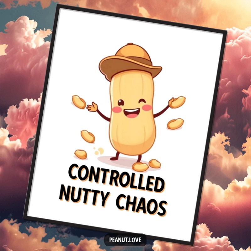 Funny digital art print of a tiny peanut wearing a hat, juggling smaller peanuts with a large grin, for instant humorous decor.