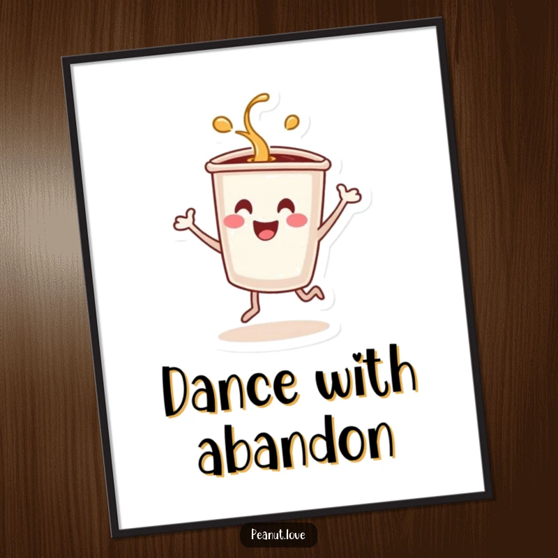 Funny digital art of a smiling coffee cup character dancing energetically and spilling.